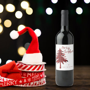 Rótulo De Garrafa De Cerveja Árvore de Natal com padrão xadrez vermelho minimal