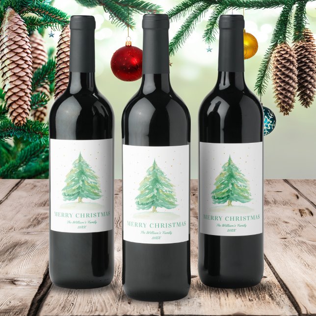 Rótulo De Garrafa De Cerveja Árvore de Natal em Aquarela Com Neve Dourada (Criador carregado)