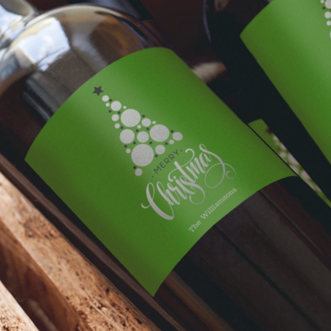 Rótulo De Garrafa De Cerveja Árvore de Natal Prateada Moderna em Verde (Criador carregado)