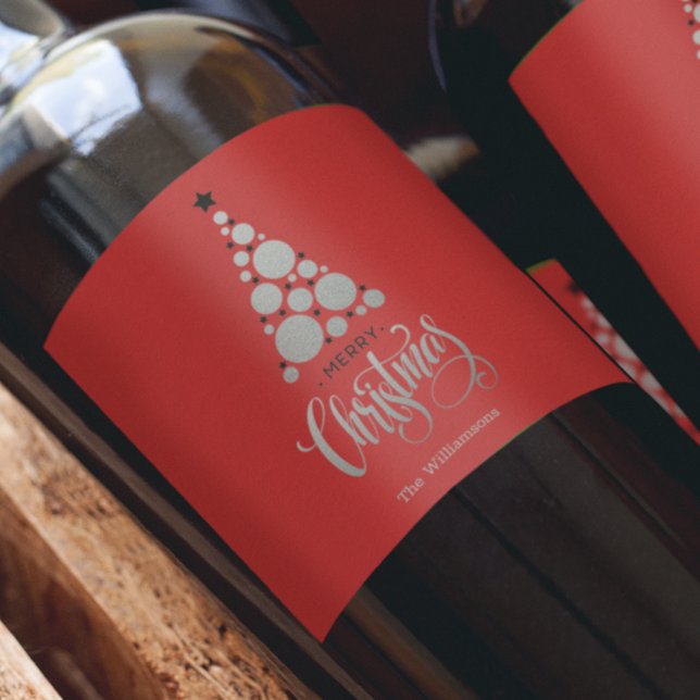 Rótulo De Garrafa De Cerveja Árvore de Natal Prateada Moderna em Vermelho (Criador carregado)