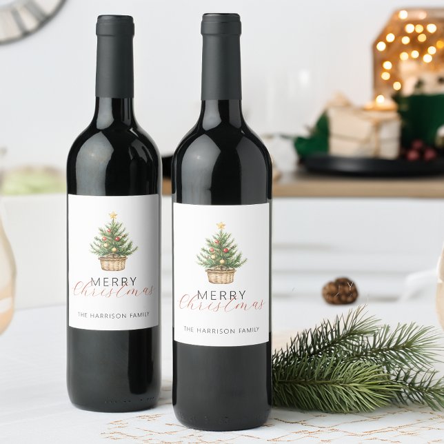 Rótulo De Garrafa De Cerveja Árvore de Natal Rústica em Cesta (Rustic Christmas Tree In Basket Wine Label)
