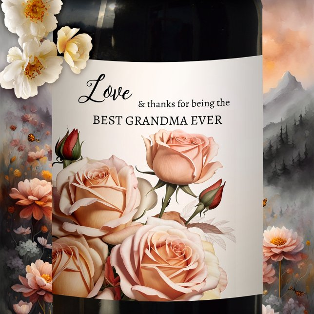 Rótulo De Garrafa De Cerveja Avó de Rosas Rosa (Wine label featuring pink peach roses. Nice for mom or grandma, for a birthday or Mother's Day)