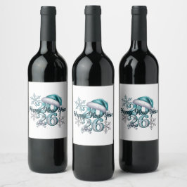 Rótulo De Garrafa De Cerveja Azul Gélido 2026 com Chapéu de Papai Noel e Flocos