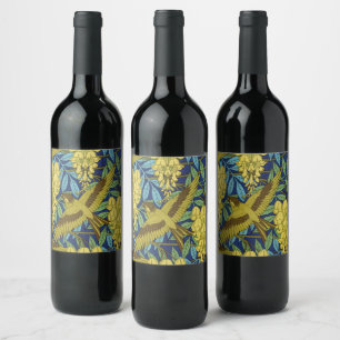 Rótulo De Garrafa De Cerveja Azul Marinho Vintage Pássaro e Padrão Floral Amare