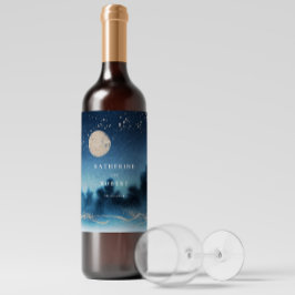 Rótulo De Garrafa De Cerveja Azul Noite Aquarela Paisagem Paisagem Vinho de Cas