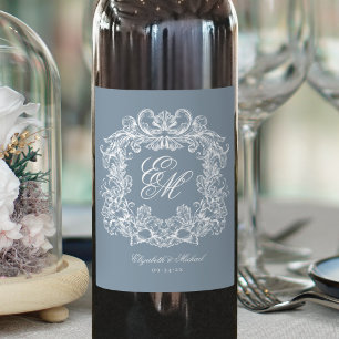 Rótulo De Garrafa De Cerveja Azul Poeirento Elegante Crista Monograma Casamento
