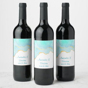 Rótulo De Garrafa De Cerveja Azul Verde Tropical com Casamento Dourado na Front