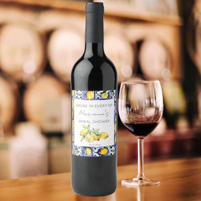 Rótulo De Garrafa De Cerveja Azulejos azuis Amalfi Positano chá de panela limõe (Blue majolica tiles lemons Mediterranean themed bridal shower personalized wine bottle labels)