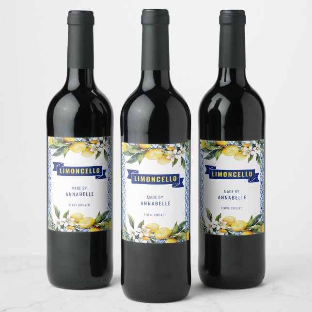 Rótulo De Garrafa De Cerveja Azulejos Azuis Aquarela Limões Limocello  (Garrafas)