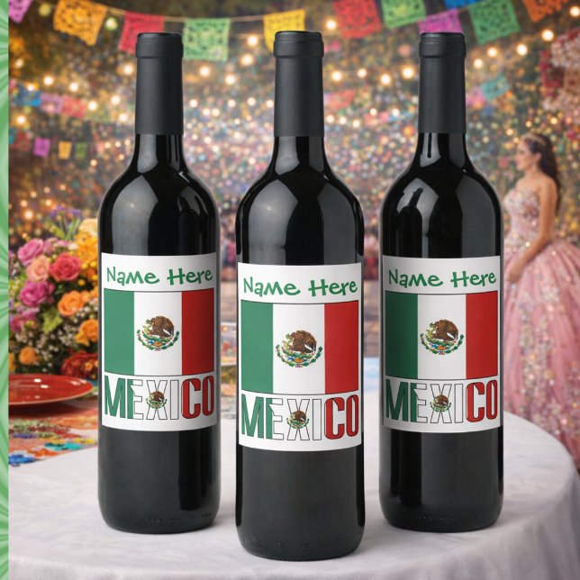 Rótulo De Garrafa De Cerveja Bandeira Personalizada do México (Personalized wine labels have a Mexican Flag, MEXICO below in flag colors. Add name above in green.)