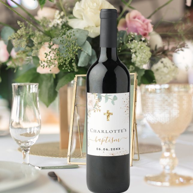 Rótulo De Garrafa De Cerveja Baptism floral Boy name gold cross (Criador carregado)