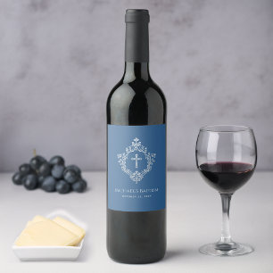 Rótulo De Garrafa De Cerveja Batismo de Menino Clássico Azul Vintage Crista Rel