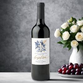 Rótulo De Garrafa De Cerveja Batismo Floral Dourado e Azul