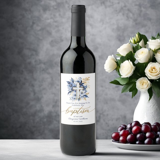 Rótulo De Garrafa De Cerveja Batismo Floral Dourado e Azul (Criador carregado)