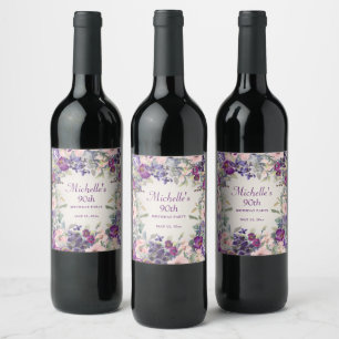 Rótulo De Garrafa De Cerveja Bebê Rosa Roxo Folhagem Floral 90º Aniversário