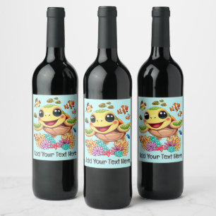 Rótulo De Garrafa De Cerveja Bebê Tartaruga Marinha Feliz e Fofo Personagem