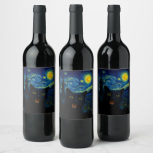 Rótulo De Garrafa De Cerveja Black Cat Starry Night Van Gogh Cat Selfie