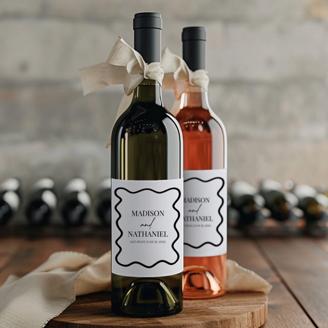 Rótulo De Garrafa De Cerveja Black White Elegant Wavy Border Wedding (Criador carregado)