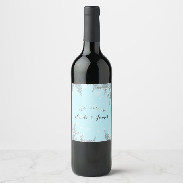 Rótulo De Garrafa De Cerveja Blue Winter Wonderland Elegant Snowflakes Wine (Frente)