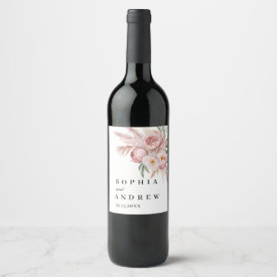Rótulo De Garrafa De Cerveja Boho Flores Rosa Pampas Rótulo de Vinho de Casamen