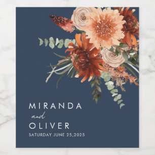 Rótulo De Garrafa De Cerveja Boho Rust Watercolor Marinho Floral Casamento Azul