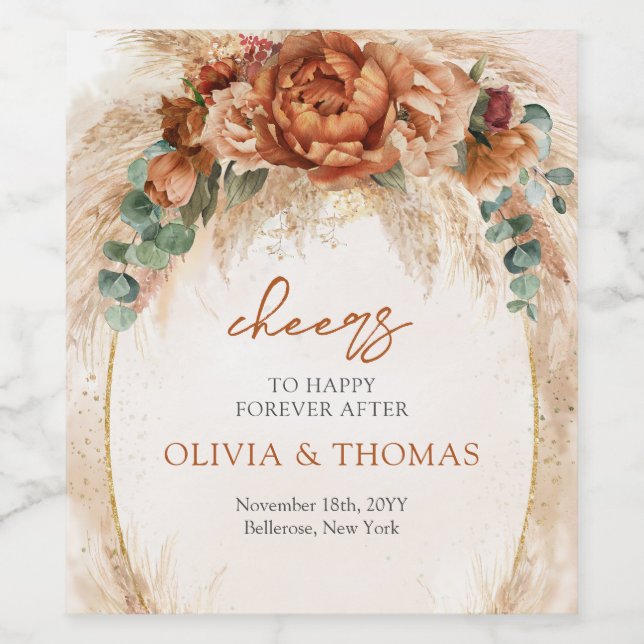 Rótulo De Garrafa De Cerveja Boho Terracotta e flores burgundy ervas-pampas (Rótulo Único)