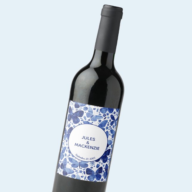 Rótulo De Garrafa De Cerveja Borboleta Aquarela Indigo Blue Weding (Blue butterfly watercolor personalized wedding wine label)