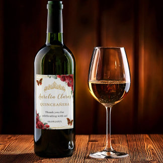 Rótulo De Garrafa De Cerveja Borboletas Florais Vermelhas Ouro Quinceañera Aniv