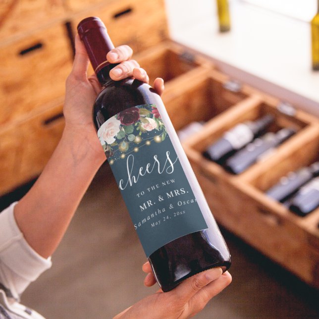 Rótulo De Garrafa De Cerveja Bordô Rústico Azul Marinho & Flores Vermelhas  & L (Criador carregado)