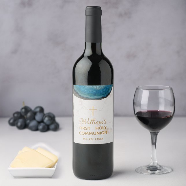 Rótulo De Garrafa De Cerveja Boy First Communy Blue Geode Marble Cross Dourado (Criador carregado)