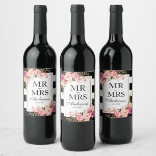 Rótulo De Garrafa De Cerveja Branco preto floral cor-de-rosa da aguarela