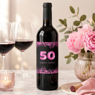 Rótulo De Garrafa De Cerveja Brilho Rosa Chic e Preto Aniversário de 50 anos