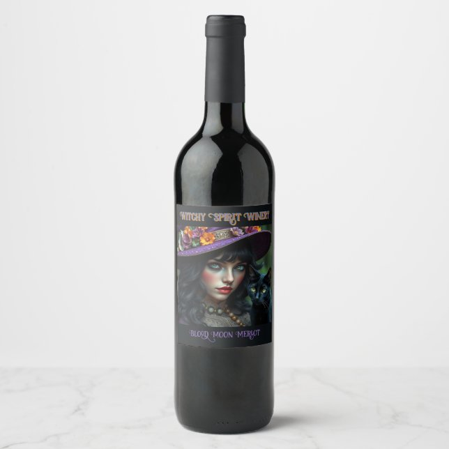 Rótulo De Garrafa De Cerveja Bruxa de Halloween e Gato Preto (Frente)