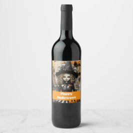 Rótulo De Garrafa De Cerveja bruxa do Halloween com abóboras