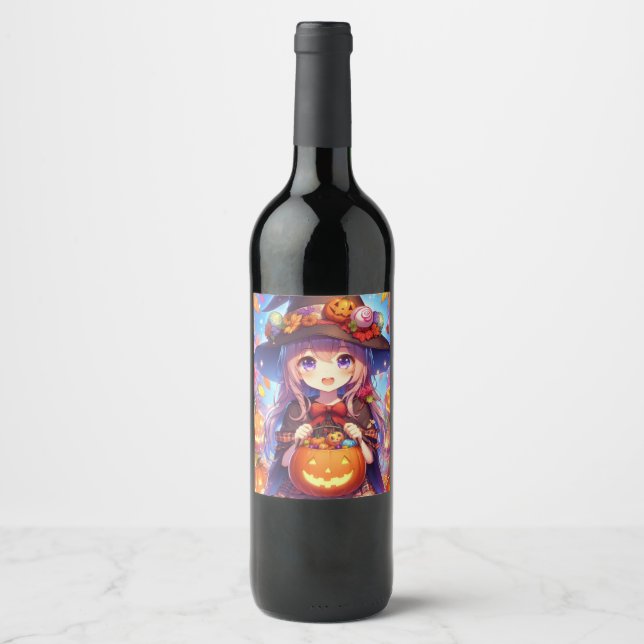 Rótulo De Garrafa De Cerveja Bruxa do Halloween do Anime Bonito (Frente)