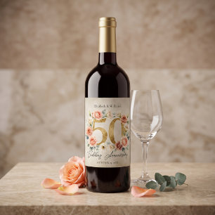 Rótulo De Garrafa De Cerveja Buquê Rosa Aquarela Dourado Aniversário de 50 Anos