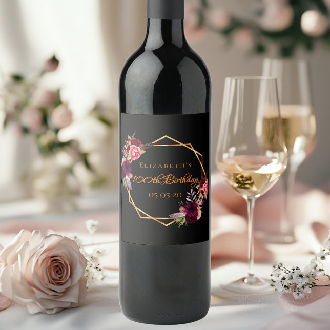 Rótulo De Garrafa De Cerveja Burgundy floral de ouro negro de 100 anos (Criador carregado)