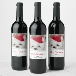 Rótulo De Garrafa De Cerveja Cachorro Branco bonito num chapéu de Natal Vermel