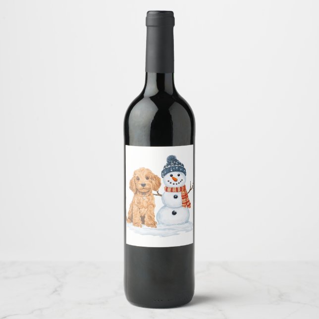 Rótulo De Garrafa De Cerveja Cachorro Goldendoodle de Inverno Boneco de Neve Fo (Frente)