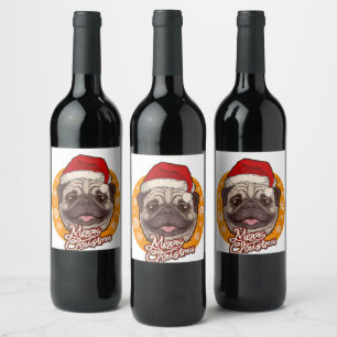 Rótulo De Garrafa De Cerveja Cachorro Pug Fofo Chapéu de Papai Noel Com Flocos
