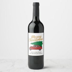 Rótulo De Garrafa De Cerveja Carro vermelho do Feliz Natal com a árvore