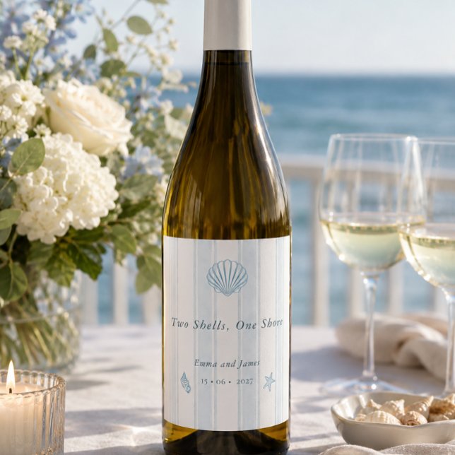 Rótulo De Garrafa De Cerveja Casamento Azul Branco Conchas Marítimas  (Coastal Seashell White Blue Wedding Wine Label)