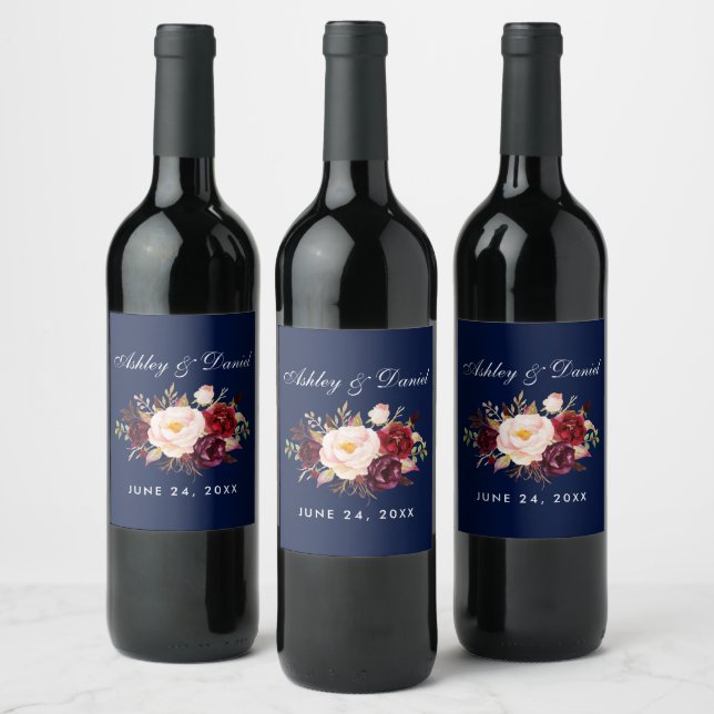 Rótulo De Garrafa De Cerveja Casamento Azul Floral Burgundy (Garrafas)