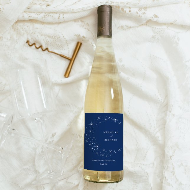 Rótulo De Garrafa De Cerveja Casamento Azul Naval Lua Elegante Celestial (Criador carregado)