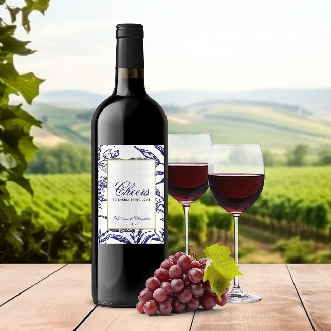 Rótulo De Garrafa De Cerveja Casamento Botânico Dourado Azul-Marinho Elegante (Elegant Navy Blue Gold Botanical Wedding Wine Label)