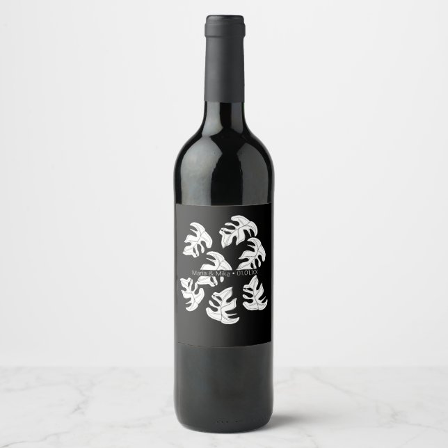 Rótulo De Garrafa De Cerveja Casamento Botânico Monstera Preto Branco (Frente)