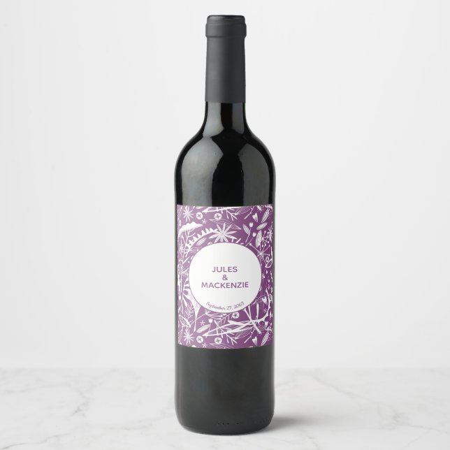 Rótulo De Garrafa De Cerveja Casamento Botânico Roxo Moderno (Frente)
