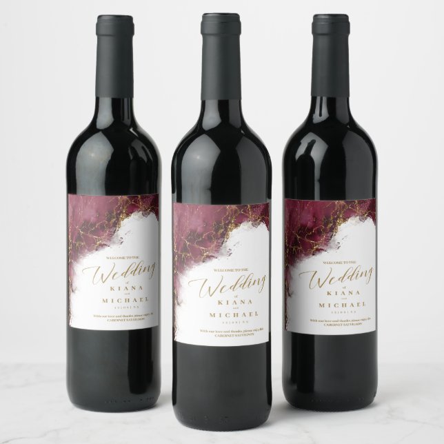 Rótulo De Garrafa De Cerveja Casamento Brilho de Mármore Burgundy Dourado ID644 (Garrafas)