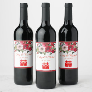 Rótulo De Garrafa De Cerveja Casamento chinês moderno floral aquarela rosa verm