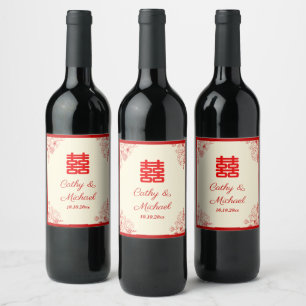 Rótulo De Garrafa De Cerveja Casamento chinês vermelho bege floral oriental